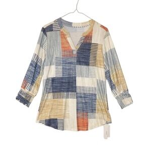 Loman Long Sleeve Tunic Top Patchwork Print V Neck Casual Shirt Size Small